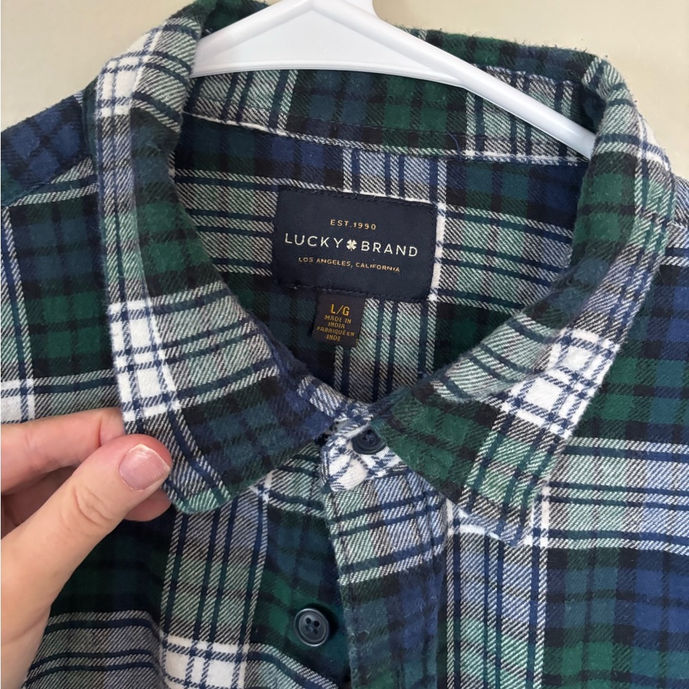 Lucky Brand Men's Green and Blue Plaid Flannel